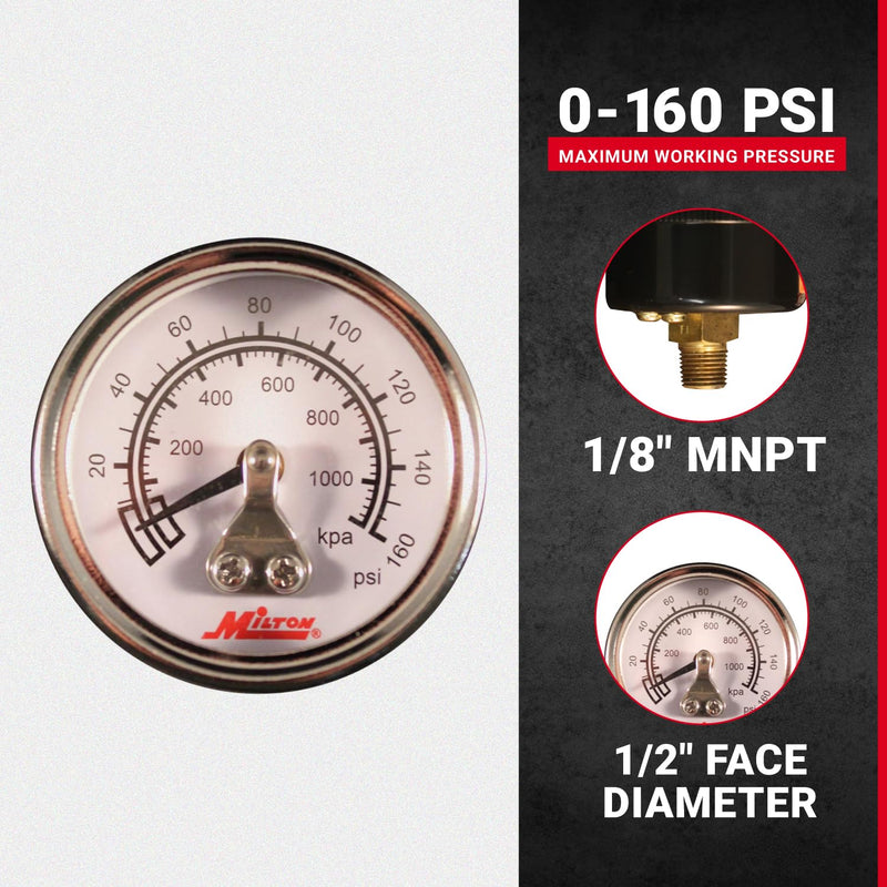 Milton Mini High Pressure Dial Gauge, Brass, 1/8" NPT (1189)