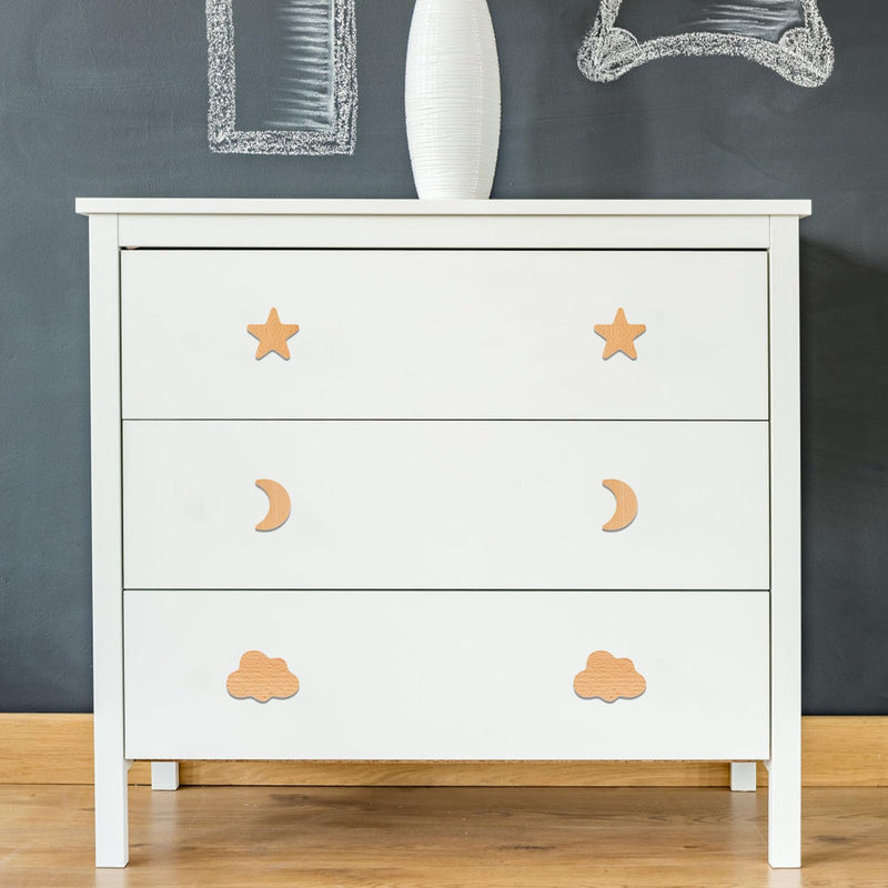 18pcs Wooden Cabinet Knobs, Star and Moon Shape Drawer Pulls Nursery Dresser Knobs Woodland Wooden Knob for Crafts Handles for Furniture Cupboard Closet Door (Moon Star Cloud) 18 Moon/Star/Cloud