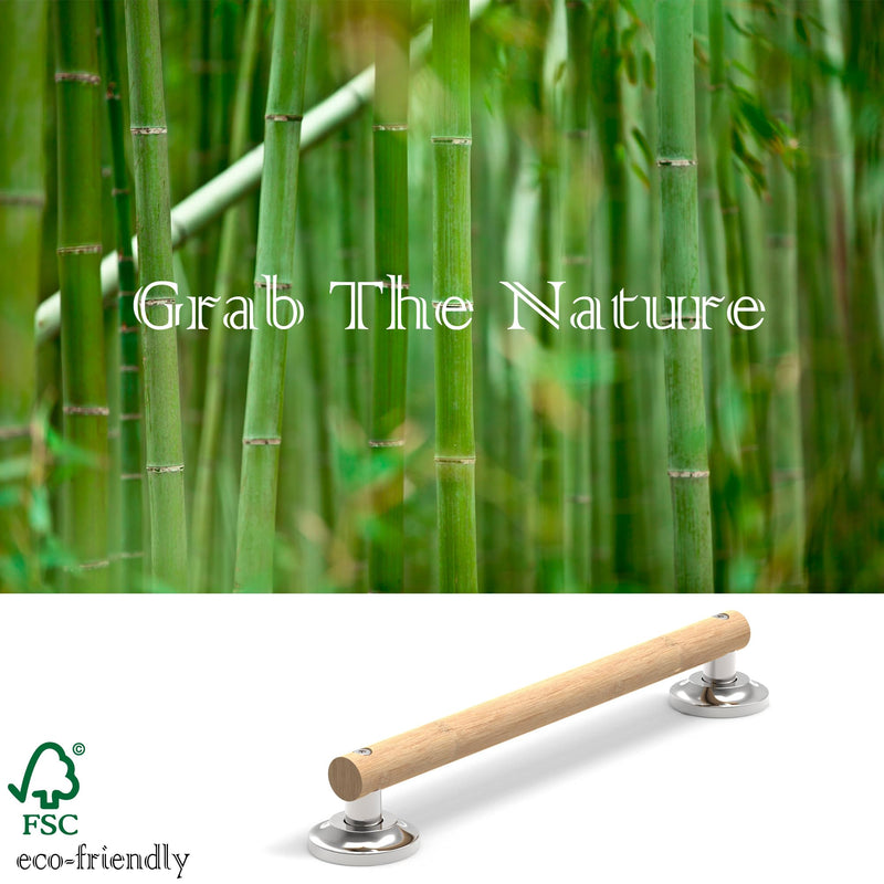 Natural Bamboo Grab Bar for Bathroom & Toilet, ADA Compliant Balance Assist Handrail for Handicap and Seniors, 16in Brushed Nickel