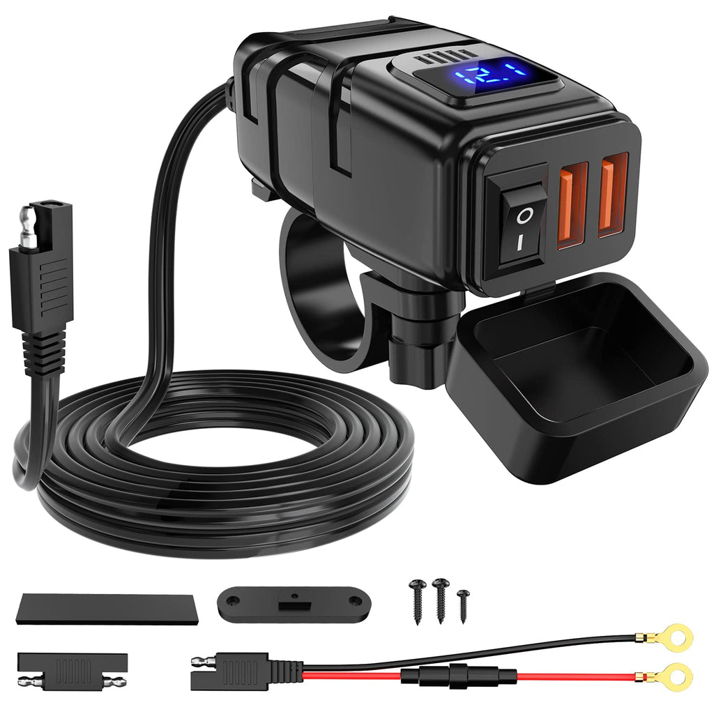 Nilight Motorcycle Charger with 12V Voltmeter Independent On Off Switch SAE USB Adapter Inline 10A Fuse Waterproof 6.8A Dual QC3.0 Fast Charging Phone Tablet for 7/8inch Handlebar ATV USB Charger Motorcycle