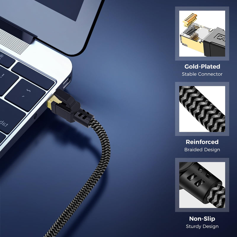 Cat 8 Ethernet Cable 50FT, High-Speed Braided Internet Cable Network Cord with Gold Plated RJ45 Connector 40Gbps 2000Mhz Heavy Duty LAN Cable Shielded Indoor