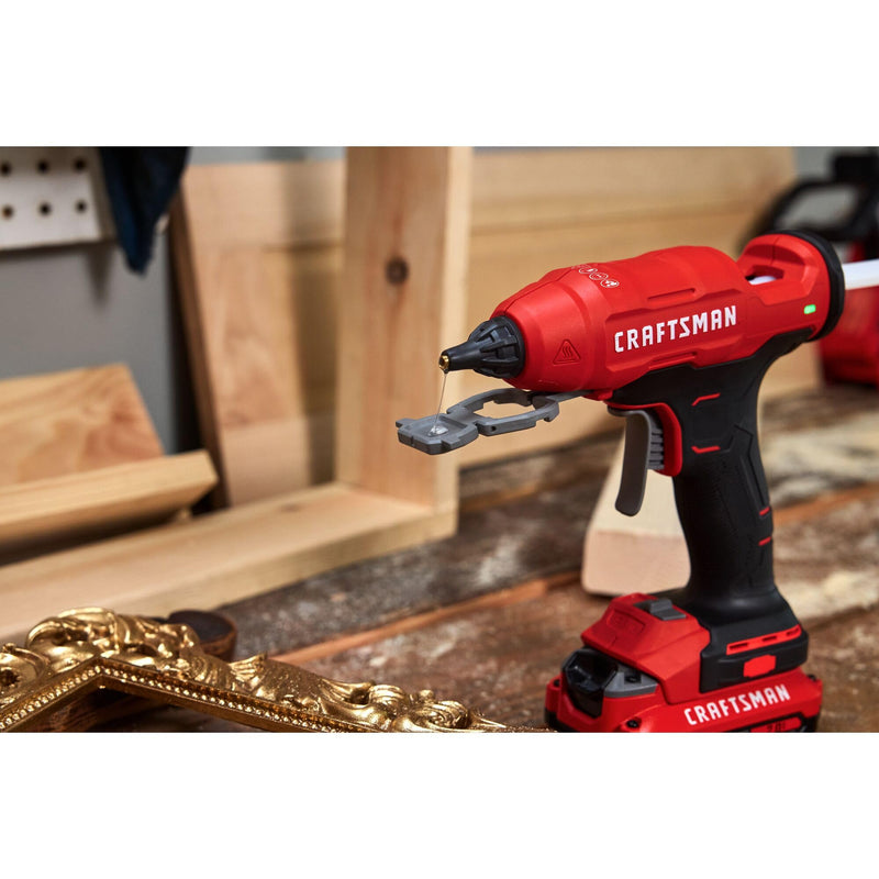 CRAFTSMAN V20 Hot Glue Gun Full Size, Cordless Glue Gun and Sticks Set with LED Light, Interchangeable Nozzles and Wrench, Retractable Dip Tray, Fast Preheat, Long Runtime, Tool Only (CMGL200B)