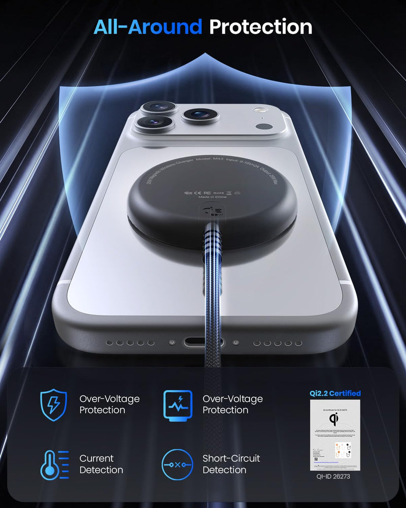Magnetic Wireless Charger, 5FT Qi2 25W Fast Charging Pad Compatible with MagSafe for iPhone Air/17e/17/16/15/14/13/12/Pro/Pro Max Series & AirPods 4/3/2/Pro & More (with 30W Adapter) S Black