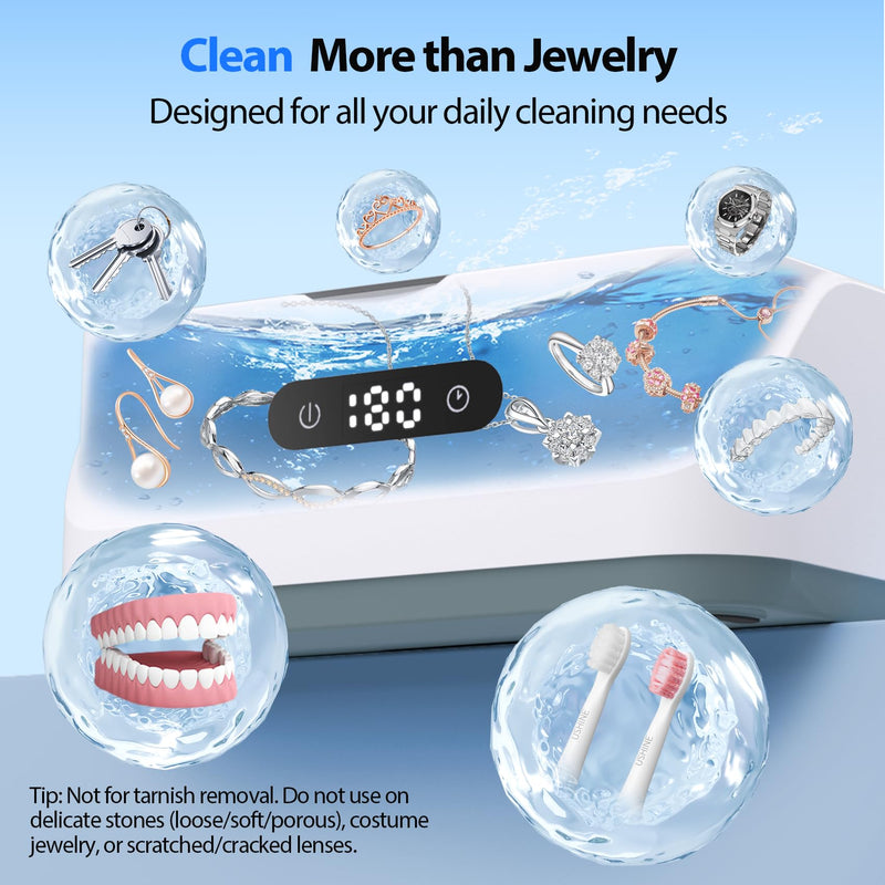 Ultrasonic Jewelry Cleaner: 48Khz Ring Cleaner Ultrasonic Machine with Digital Timer, 4 Cleaning Modes, 24W Sonic Cleaner for Jewelry, Glasses, Retainer, Watch Strap, Home & Travel Use, 13.5oz White