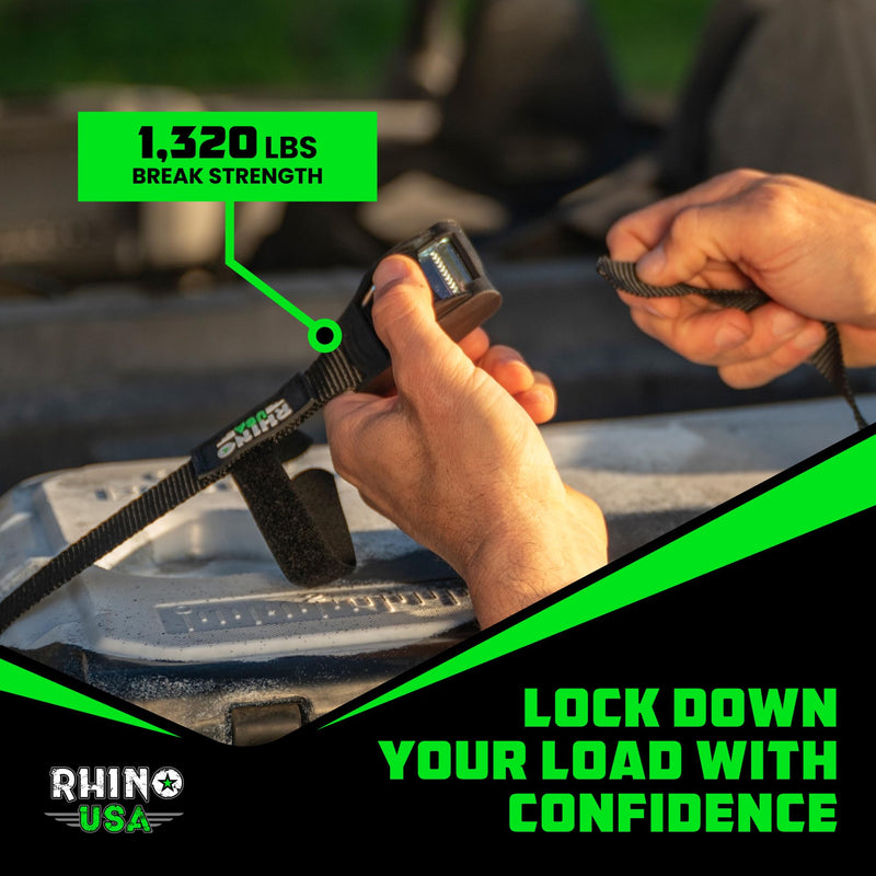 Rhino USA Lashing Straps (4-Pack), Heavy Duty Cam Buckle Tie Down Straps, 1in x 12ft Pull Straps, 1320lb Break Strength, Roof Rack Straps for Kayak, Cooler, Cargo Black - Retail