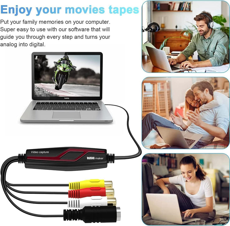 VHS TO Digital Converter, USB Video Capture Card, Video Capture Device, RCA TO USB Converter,Convert VHS VCR Hi8 Mini DV to Digital/DVD,For Tape Player Camcorder Camera PC TV,Windows Mac OS Compatible Black