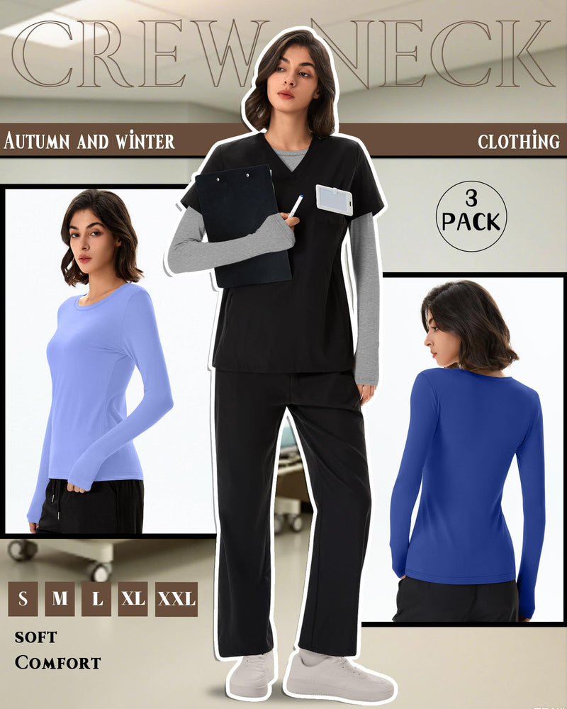 Neer 3 Pack Womens Underscrub Shirts Long Sleeve Crewneck Tops Fitted Layering Clothes Comfort Knit Tops for Nurse Royal Blue, Periwinkle, Light Mixed Gray Small
