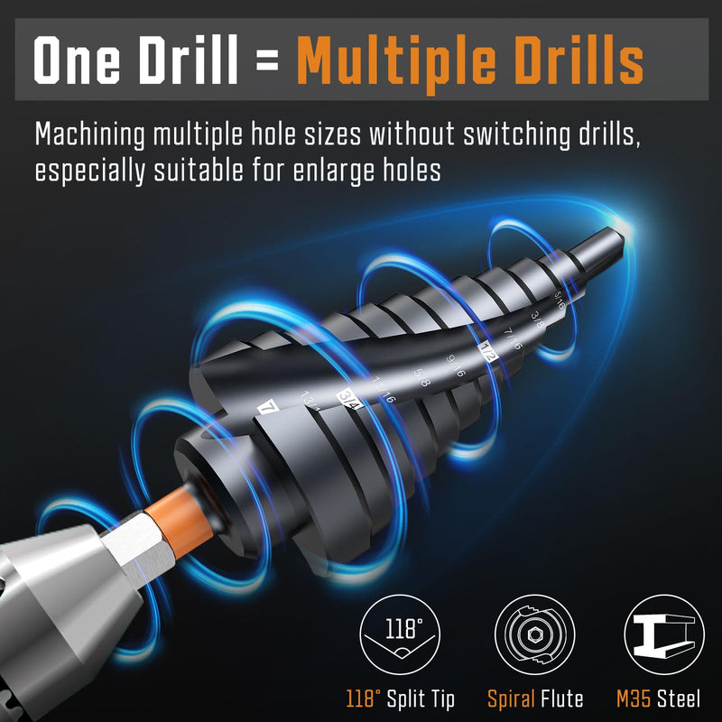 3PCS Unibit Step Drill Bit Set (1/4"-7/8"), M35 Cobalt, TiAlN Coated for Superior Durability, Spiral Cone Drill for Stainless Steel, Sheet Metal, Aluminum & Plastic