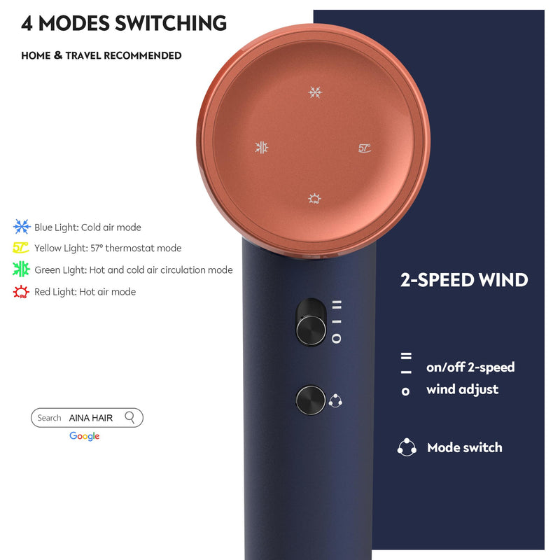 AINA High Speed Hair Dryer with Diffuser Comb | Brushless motor | Ionic | Lightweight | Compact Size | Magnetic Attachments 3a Blue