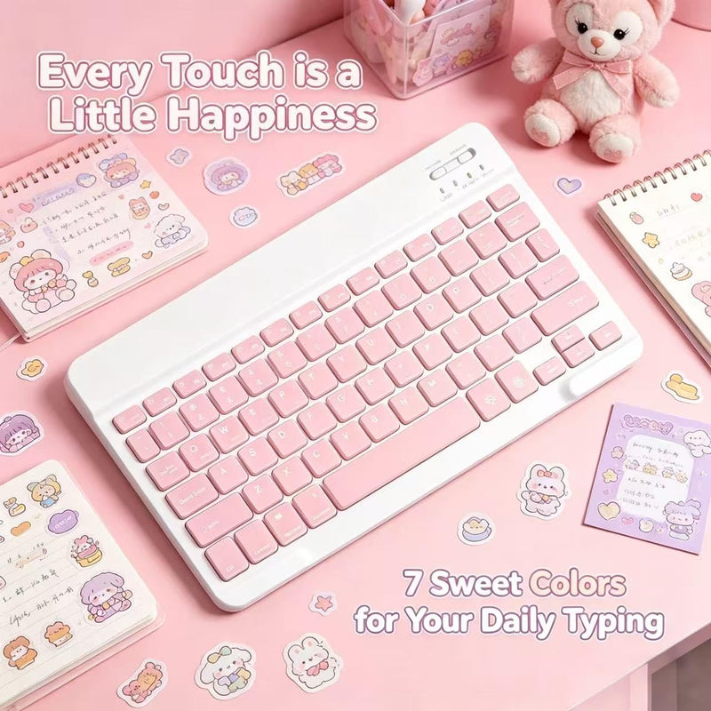 Mini Bluetooth Keyboard, Small Portable Wireless Rechargeable Keyboard with 7-Color RGB Backlit for iPad iPhone Android Samsung Tablet Smartphone((Pink) Pink