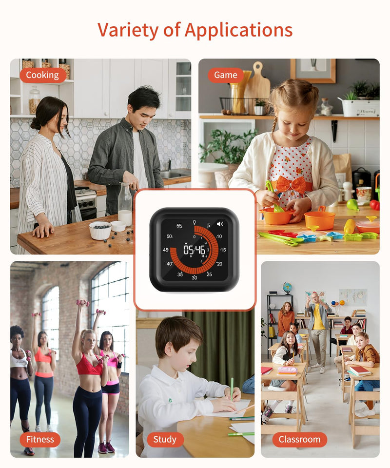 Digital Visual Timer - Large Display Magnetic Countdown Timer with Adjustable Volume and Brightness, 11H59M Memory Function for Kitchen, Classroom, Study Time Management, Seniors & Teachers Black