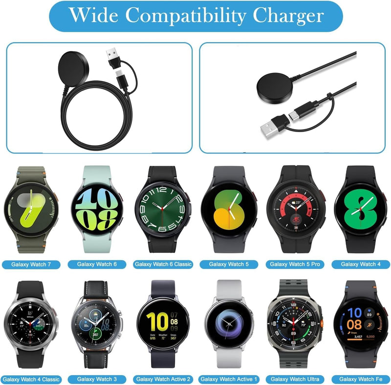 EGK 2 in 1 USB C/A Charger for Samsung Galaxy Watch | 8/8 Classic, 7/6/Ultra, 5/5 Pro/4/6 Classic/3/Active 2/Active 1/FE, Magnetic Wireless Charging Cable 3.3FT black
