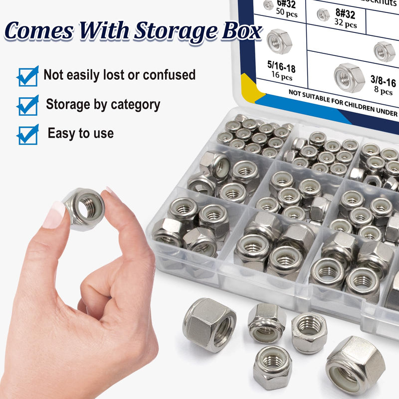 ZQZ 220 Pack SAE Nylon Insert Locknuts Assortment Kit,6#32 8#32 10#24 10#32 1/4"-20 5/16"-18 3/8"-16 1/2"-13 Nylock Nuts Sets,304 Stainless Steel Standard Inch Threaded Lock Nuts SAE Assortment; 220pcs Silver