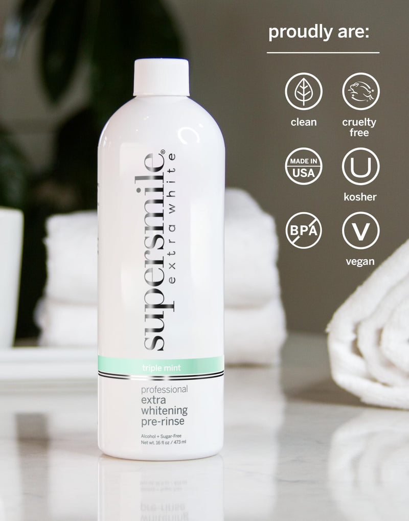 Supersmile Extra Whitening Pre-Rinse Mouthwash, 16 oz, Pre-Brush Whitening Rinse with Hydrogen Peroxide, Teeth Whitening Mouthwash, Enamel Safe, Triple Mint Fresh Breath White 16 Fl Oz (Pack of 1)