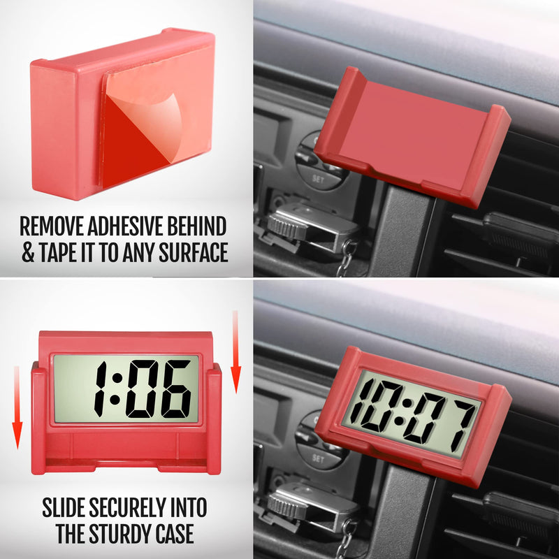 Betus Car Dashboard Digital Clock - Vehicle Adhesive Clock with Jumbo LCD Time & Day Display - Mini Automotive Stick On Watch for Car Truck Dashboard & Air Vent Red - Pack of 1