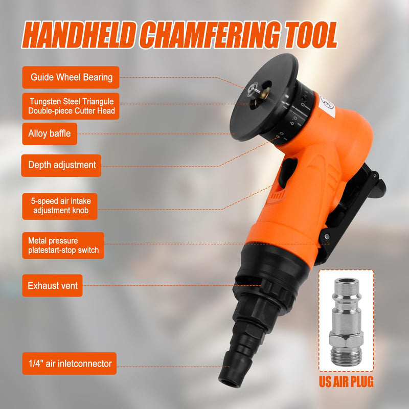 2 in 1 Mini Pneumatic Chamfering Machine, 45° Arc Corner Beveling Trimming Deburring Machine 30000RPM Handheld Chamfering Air Chamfer Tool with 1/4 Inch Air Inlet (C&R Angle Blades,Orange) C&R Angle Blades Orange