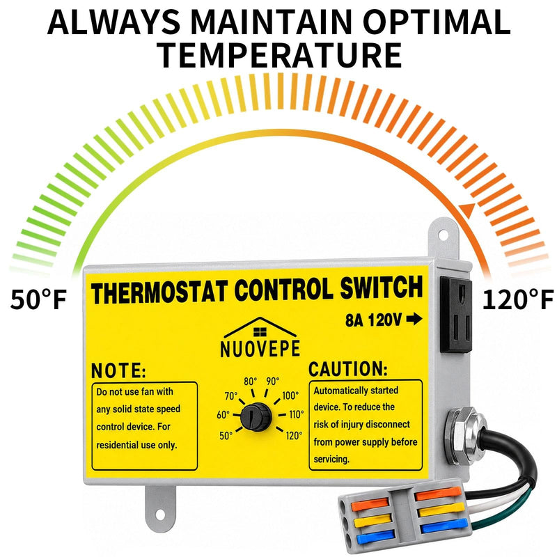Attic Fan Thermostat Control with Socket & Wire Connector, Adjustable Plug-in Thermostat with Overload Protection, Dual-Fan Compatible Controller for Greenhouse, Workshop, Garage, Vent Fan 1 Pack