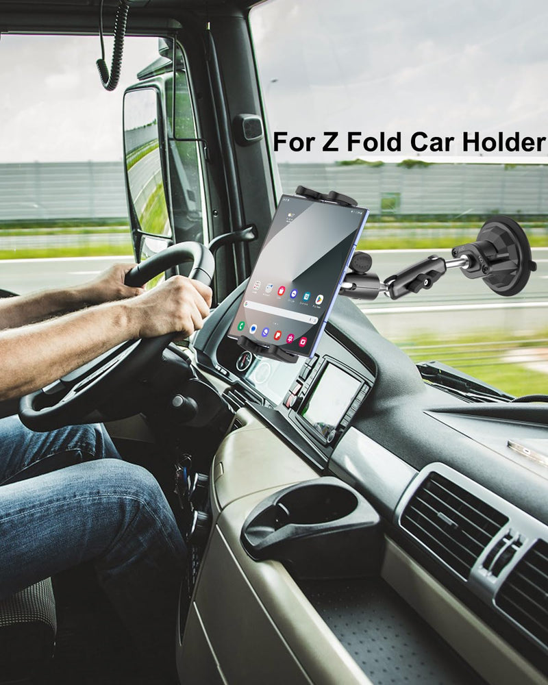 Z Fold Car Holder, Windshield Mount for Foldable Phone, Super Suction Cup | 360° Metal Arm Truck Dashboard Tablet Phone Stand for Galaxy Z Fold 8 7 6 5 4 3 2, Pixel Fold, Galaxy Tab, 4-13" Device