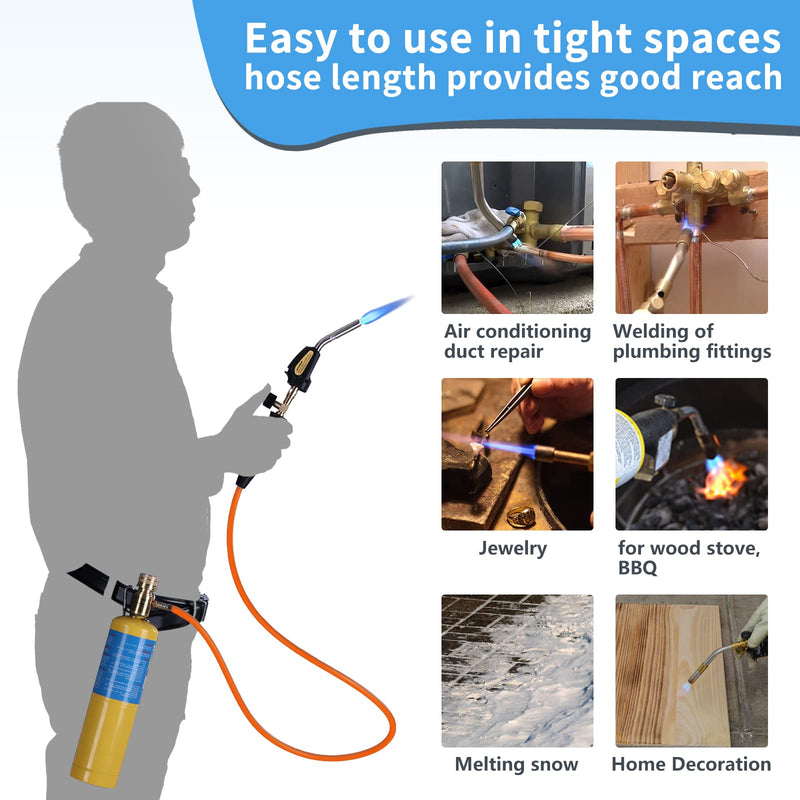 Propane Torch Hose Kit, Mapp Gas Torch Heat 3600℉ Map Gas Torch Kit Trigger Start & Heat Adjustment, Soldering Welding Torch Fuel by MAPP, Map/Pro,Propane(Includes Cylinder Clip) Orange