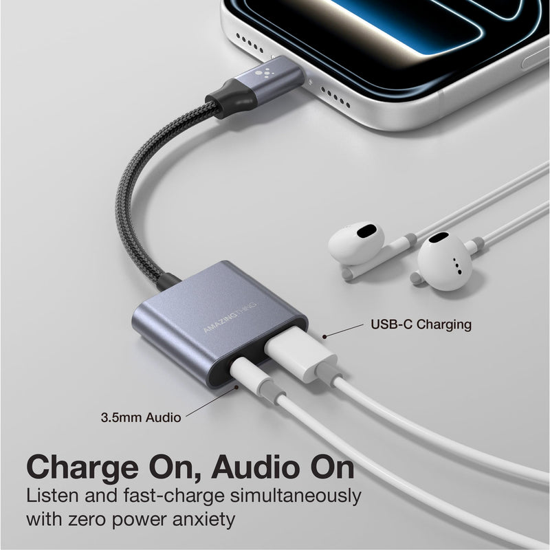 AMAZINGthing for iPhone 17-15, Samsung S26-S22, iPad [Thunder PRO 60W USB-C Adapter] USB-C to 3.5mm Audio Adapter, 24bit/96KHz Hi-Res Sound, 60W PD Fast Charging, in-Line Control