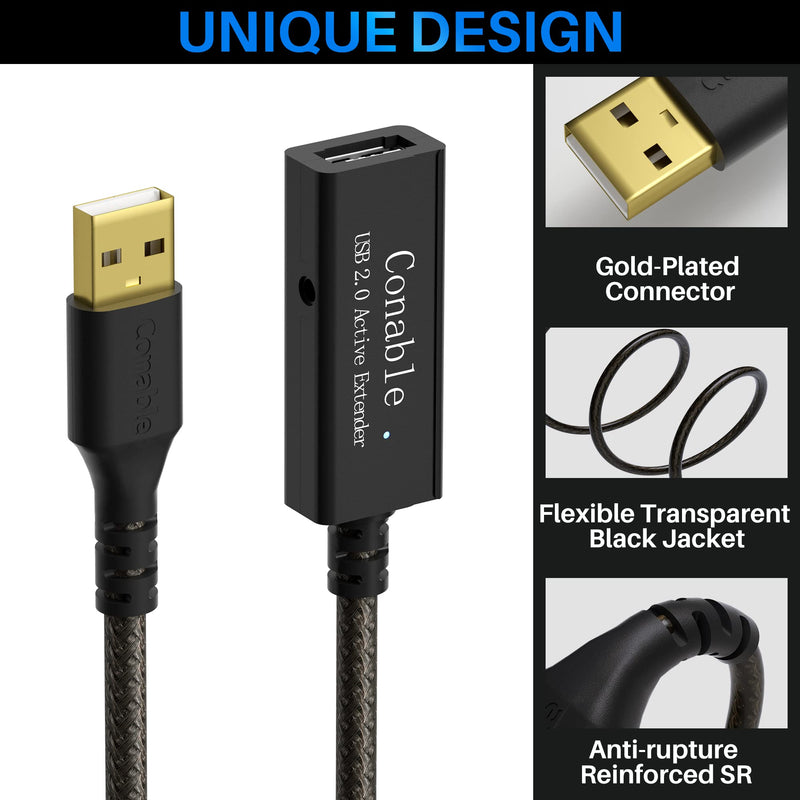 Active USB Extension Cable 50 Feet, USB 2.0 A Male to Female Cord (from 2ft to 150ft for Selection), with an Extension Chipset Signal Booster, 22AWG Tinned Pure Copper, (AC Power Supply Included) Active 50FT