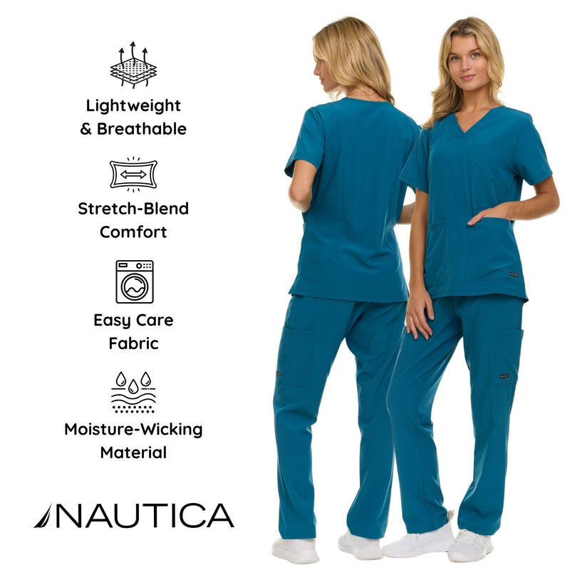 Nautica Women's Scrub Set, 9-Pocket Breathable & Stretchy Pants & Tops Carribean Medium
