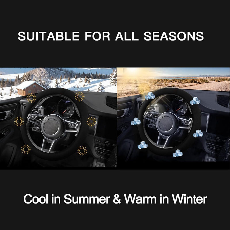 Suede Steering Wheel Cover with Upgraded Silicone Inner Ring, Anti Heat, Breathable, Anti-Slip, Leather Universal 14.5 to 15 inch Steering Wheel Cover (Pure Black) Pure Black