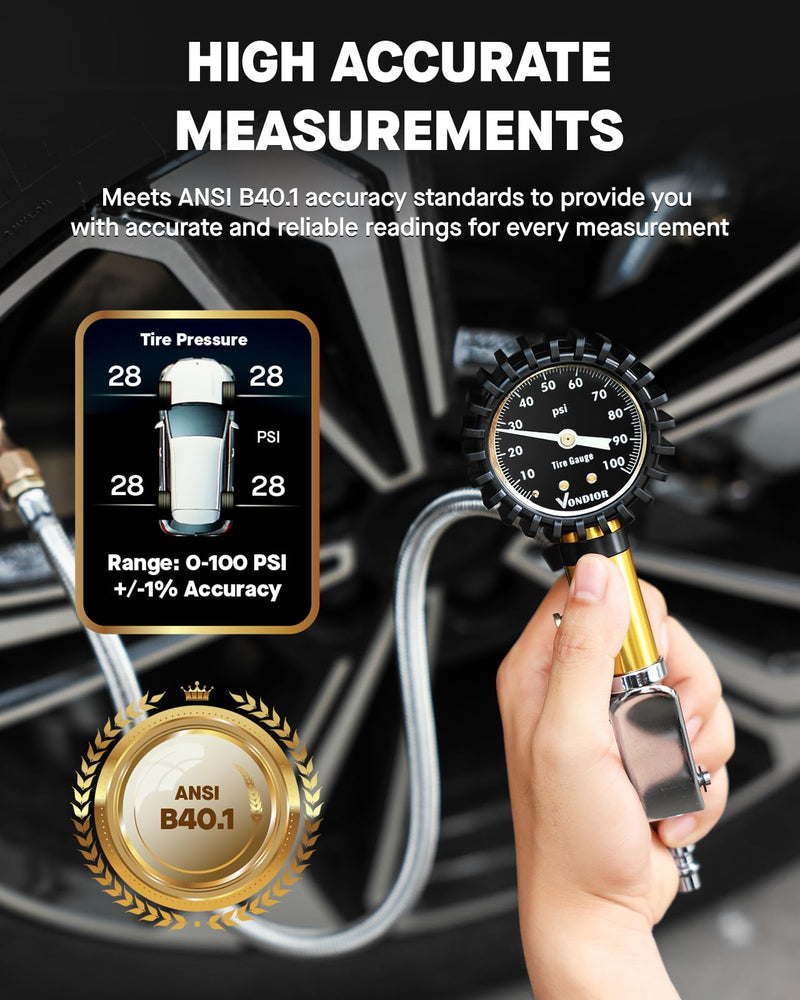 Vondior Tire Inflator with Pressure Gauge(0-100 PSI) - ANSI B40.1 Accurate, Large 2" Glow Dial, Premium Braided Hose, Durable Rubber Hose, Perfect for Any Car, Truck, Motorcycle, RV Analog 0-100 PSI