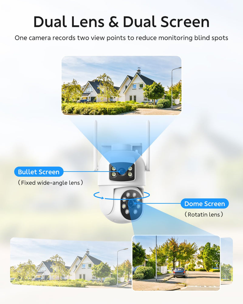 Dual Lens Security Cameras Wireless Outdoor, 2K Full HD Video, 360° View Pan/Tilt Home Security Camera with Color Night Vision, PIR Alarm, 2.4G/5G WiFi, Auto Tracking, 2-Way Audio, Easy to Install Single Camera