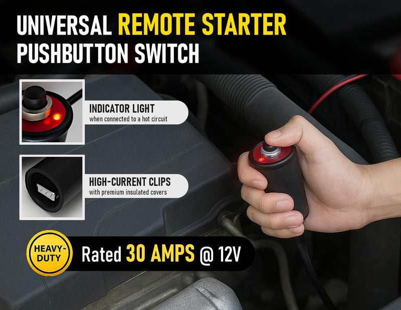 MGI SpeedWare Heavy-Duty Remote Starter Switch for Car and Truck – Push-Button Engine Start with 5ft Wire Leads and Alligator Clips