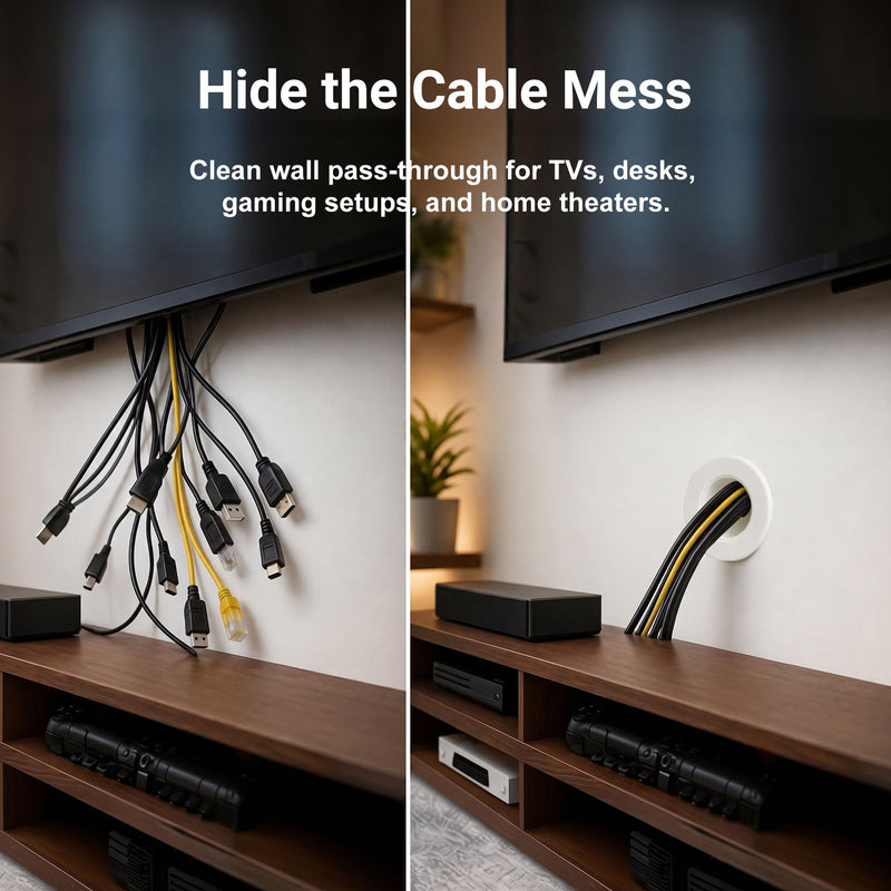 Wall Eye Cable Pass Through Port, 2 Inch Hole Saw Cord Grommet for 2x4 Drywall, Fits 3 5/8 to 5 1/4 Inch Thickness, White Channel for HDMI Ethernet Coax USB-C Wires Standard (3-5/8" to 5-1/4")
