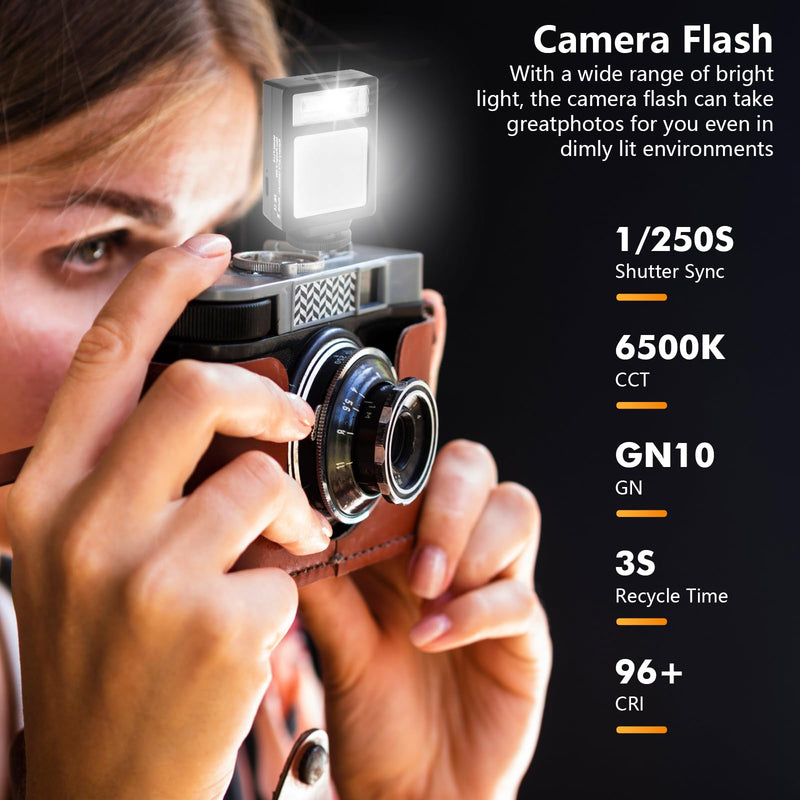 Camera Flash with Video Light, 2500K-6500K Mini Flash Speedlite, Adjustable Brightness Small Camera Speedlight, Universal Single Contact Hot Shoe Mount, Compatible with Canon/Nikon/Sony/Fuji/DSLR Black B
