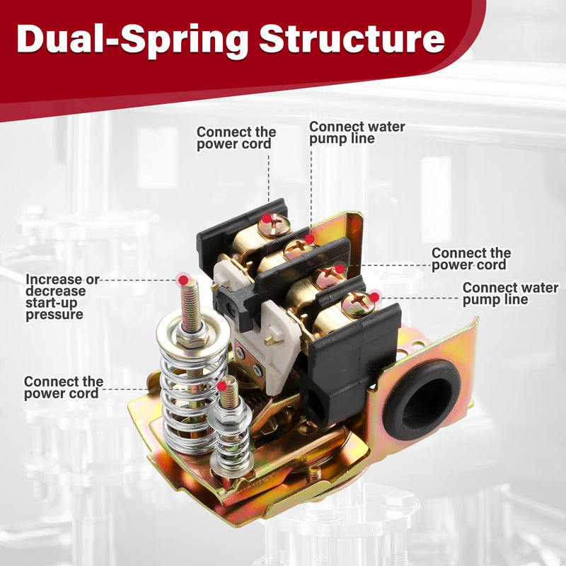 Well Pressure Switch 40/60 PSI for Well Pump, Automatic On/Off Water Pump Pressure Switch with Adjustable Differential, 1/4" NPT Connection for Residential Water Systems, Irrigation and RV