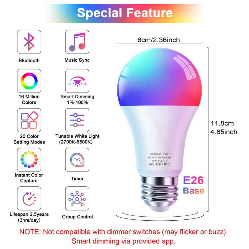 FRIDEKO HOME Smart Light Bulbs - Led Dimmible Color Changing Light Bulb for Home Works with Bluetooth Music Sync - A19 RGB Lightbulb for E26 Base with APP Control & Timer (4 Pack) Bluetooth-4Pack