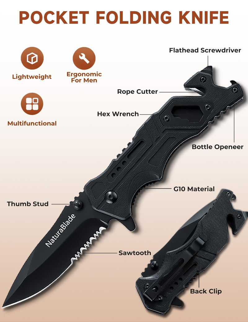 Folding Pocket Knife 440 Stainless Steel G10 Handle,EDC for Men with Seatbelt Cutter,Glass Breaker,Outdoor Camping Hiking Survival Gift
