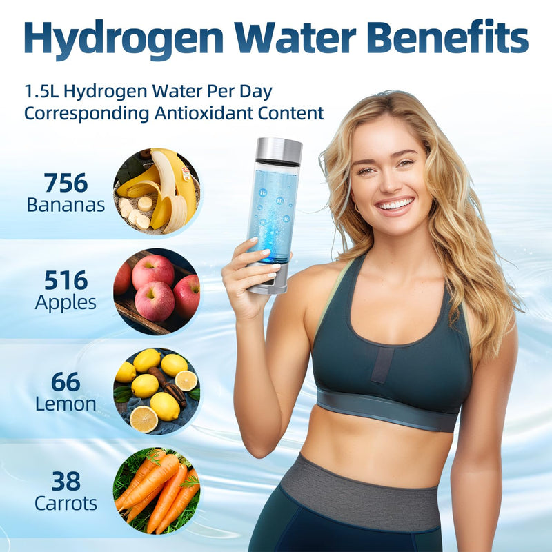 Hydrogen Water Bottle, 1500ppb Hydrogen Water Machine with SPE/PEM Technology, Alternative for Hydrogen Water Pitcher, Water Ionizer, Hydro Water Bottle for Health Silver