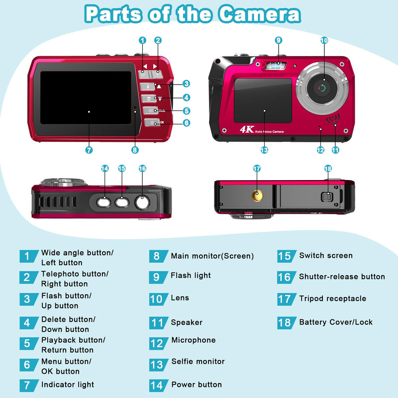 Underwater Camera 4K 48MP Waterproof Digital Camera with 32GB Card, Dual-Screen Selfie (Front & Rear), 10FT/3M Dive for Snorkeling, Surfing, Rafting, Swimming, Travel Red