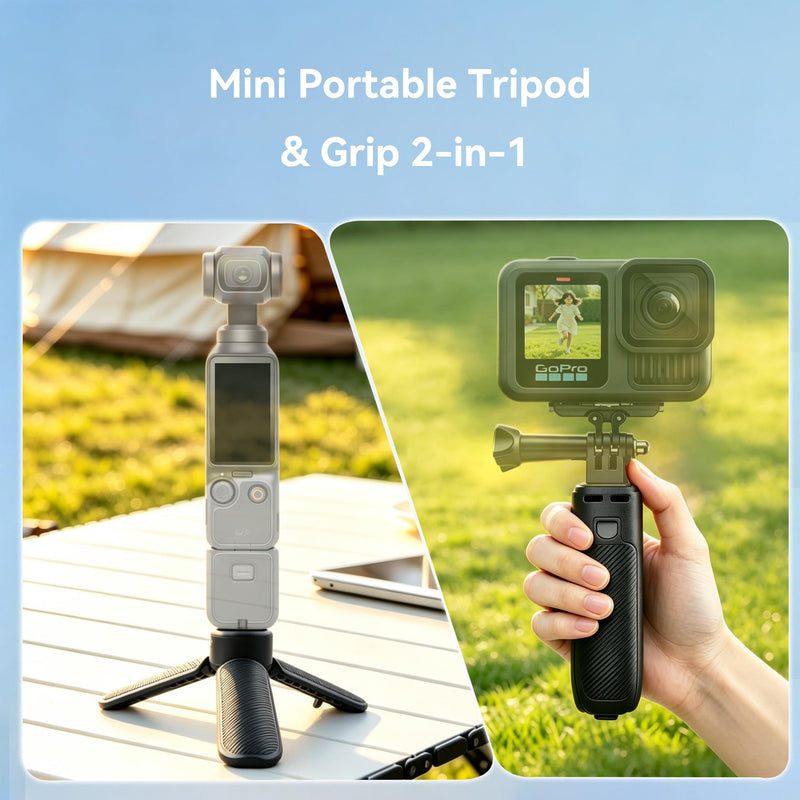 2-in-1 Mini Tripod Handle, One Click Open Stand with Universal 1/4" Screw | Fits DJI Osmo Pocket/Action, Insta360 X5, GoPro & Phones; 51g Lightweight, 120° Anti-Slip Legs, Sync Fold, Pocket Portable