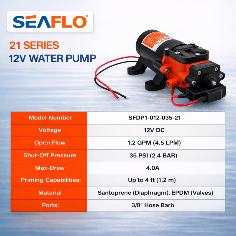 SEAFLO 21-Series Water Pressure Diaphragm Pump - 12V DC, 1.2 GPM, 35 PSI with Adjustable Pressure Switch, Self-Priming, Quiet Operation for RV, Boat, and Off-Grid Applications 1.2 GPM - 35 PSI