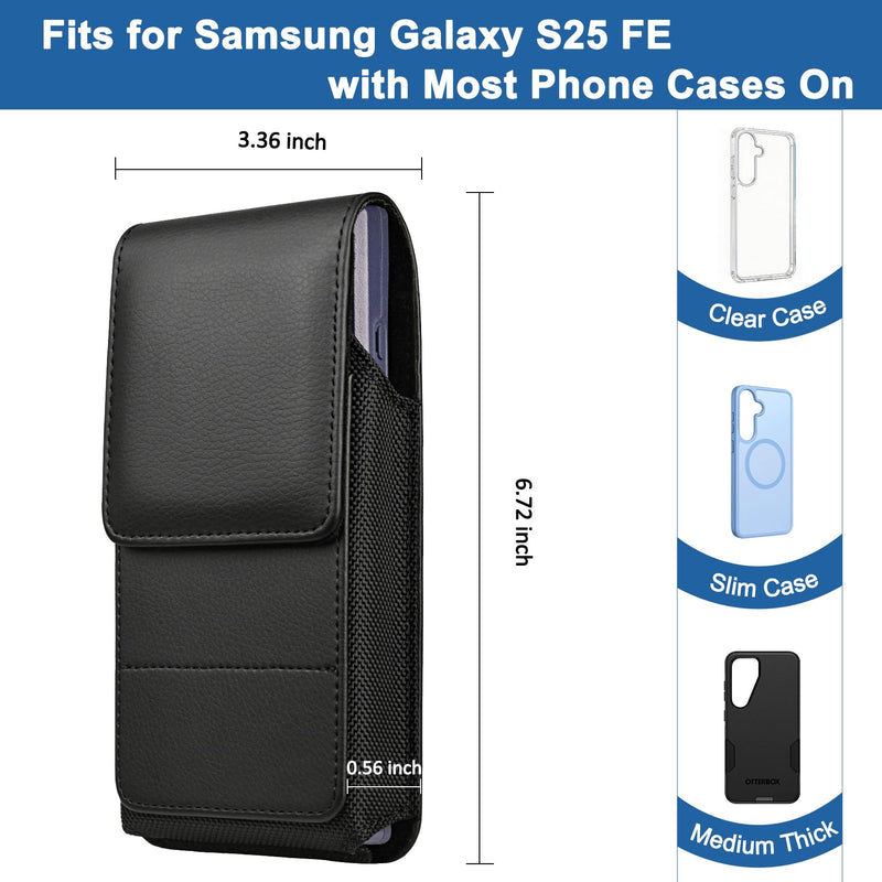 Leather Phone Holster for Samsung Galaxy S25 FE, Black | Belt Clip, Magnetic Closure, Card Holder, Premium PU Leather, Elastic Side Bands, Soft Lining, Fits Protective Cover on