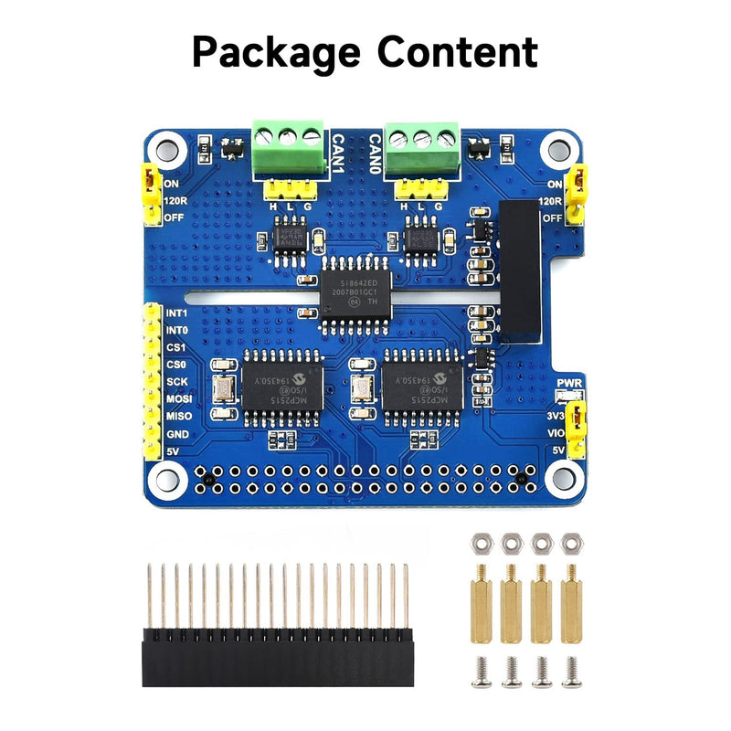 Waveshare 2-Channel Isolated CAN Bus Expansion HAT, Compatible with Raspberry Pi 5/4B/3B/Zero/Zero W/Zero 2W/Pico/Pico W/Pico WH,MCP2515 + SN65HVD230 Dual Chips Solution, Multi Protection Circuits