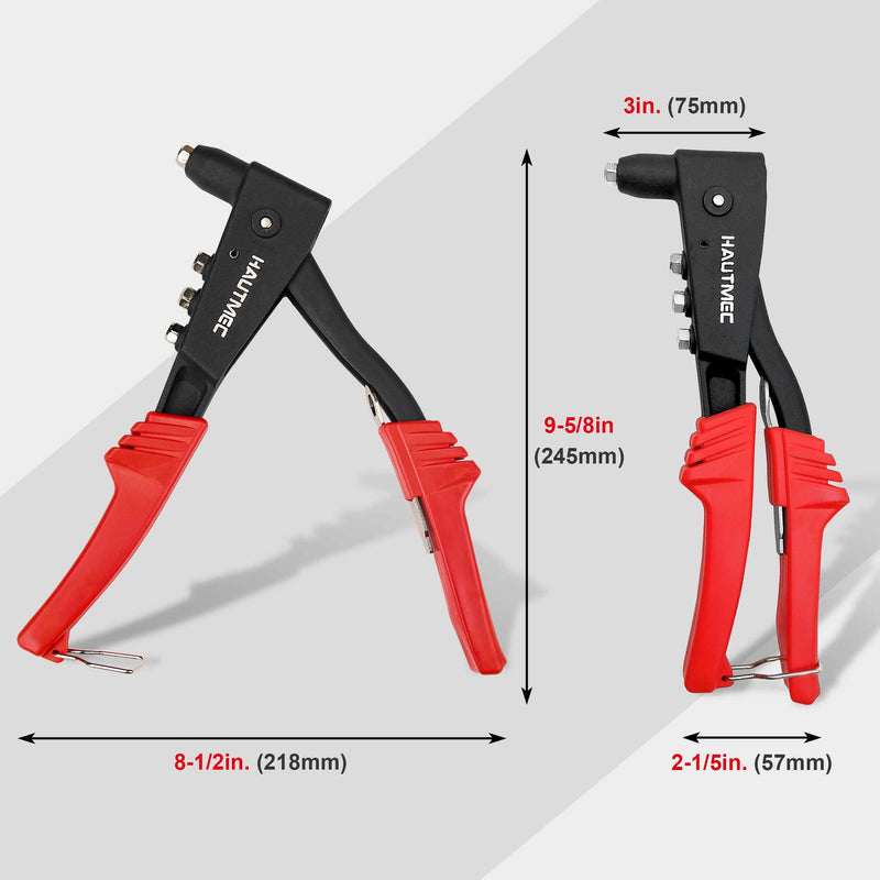 HAUTMEC Pop Rivet Gun with 4 Interchangeable Rivet Heads and Portable Wrench, Heavy Duty Durable Hand Riveter for Metal, HT0125-HR 10" Riveter