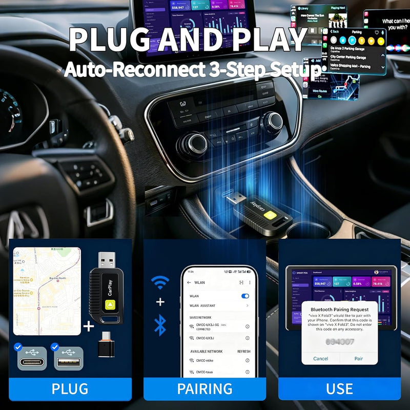 2‑in‑1 Wireless Carplay Adapter for Apple iPhone & Android Auto | Mini Dongle, Convert Wired Apple Carplay to Wireless Adapter, Automatic Connection, Low Latency, Plug & Play, Usb‑A/Type‑C