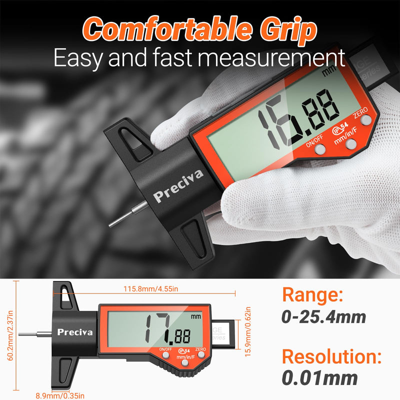 Preciva Tire Tread Depth Gauge, Digital Tire Depth Gauge with Large LCD Display and Inches, Millimeters, Fraction Conversion, Tread Depth Gauge Suitable for Thread Depth, Brake Shoe and Pad Wear Orange