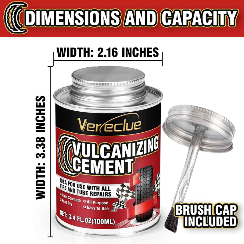 Chemical Vulcanizing Cement 3.4FL.Oz, All Purpose Tire Repair Rubber Glue, Dry Clear Rubber Cement, Tire Patch Glue with Brush Top Can for Car, Motorcycle, Bike Tires
