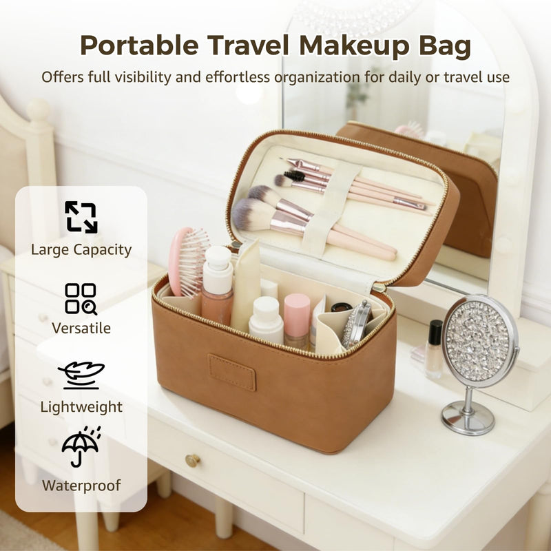 OMISTAR Makeup Vanity Bag for Women - Large Capacity Cosmetic Organizer with Removable Liner, Waterproof PU Leather Skincare Bag, Portable Chic Cosmetic Make Up Case for Skincare, Accessories, Brown
