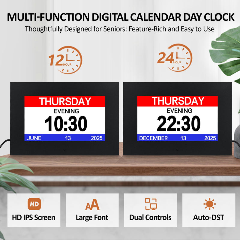7" Digital Alarm Clock for Seniors, Dementia Clock with Day and Date for Elderly, Digital Calendar Day Clock with 20 Reminders & 20 Alarms, Auto-DST 7" Non-Touchscreen Black