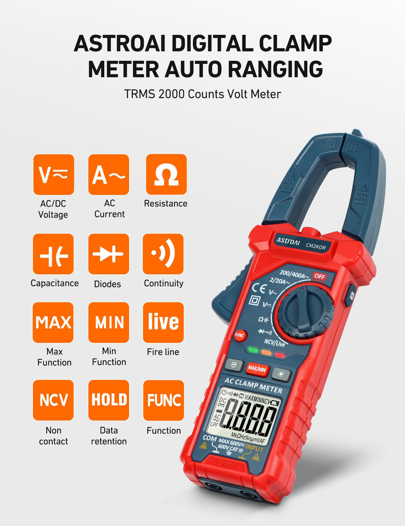 AstroAI Digital Clamp Meter Multimeter 2000 Counts Amp Voltage Tester Auto-ranging with AC/DC Voltage, AC Current, Resistance, Capacitance, Continuity, Live Wire Test, NCV, Blue