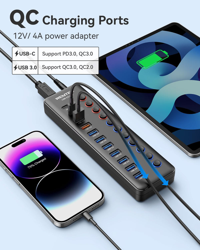 Powered USB 3.0 Hub, Wenter 48W 11-Port USB Hub Splitter (7 Faster Data Transfer Ports+ 4Pcs QC Charging Ports) with Individual LED On/Off Switches, USB Hub 3.0 Powered with Power Adapter 7+2+2