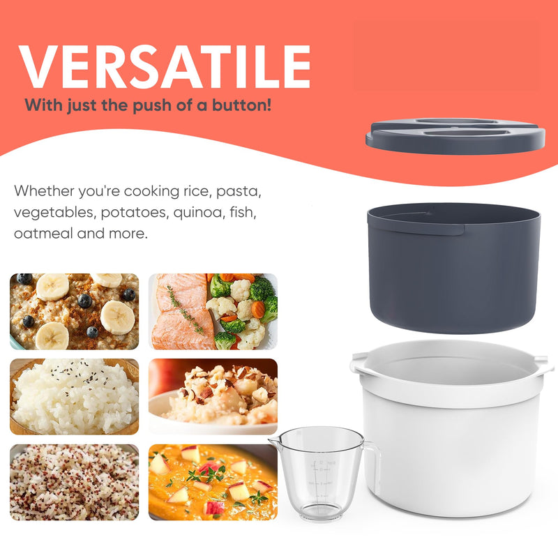 Microwave Rice Cooker Steamer and Pasta Cooker with Strainer - Mess-Free Design, Dishwasher Safe, Cooks Up to 8 Cups Zwippy v2.0